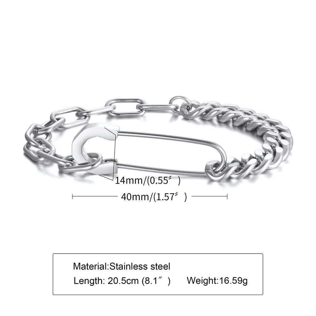 Silver chain bracelet with measurements and material details on a white background