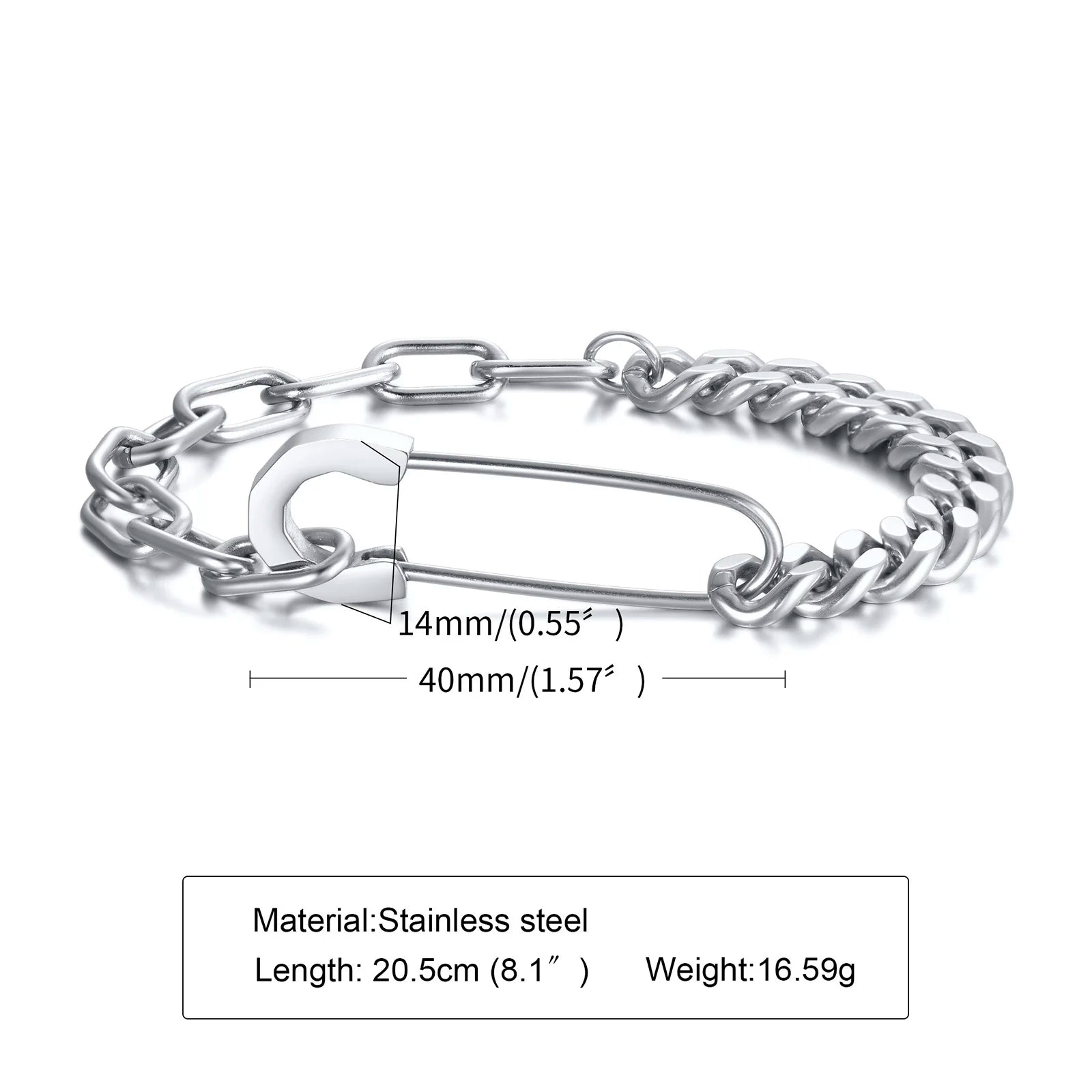 Silver chain bracelet with measurements and material details on a white background