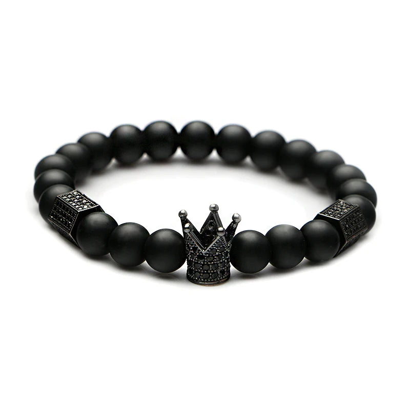 Hematite Stone Stainless Steel Skull & Crown Bracelet Set
