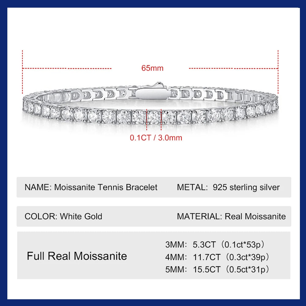 3MM Moissanite Tennis Bracelet 925 Sterling Silver