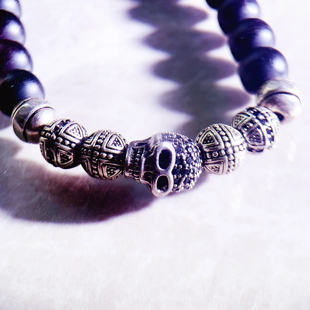 Skull Cross Beaded 925 Sterling Bracelet