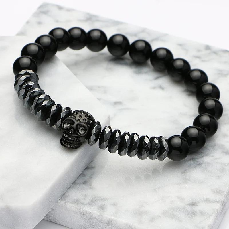 Hematite Stone Stainless Steel Skull Bracelet