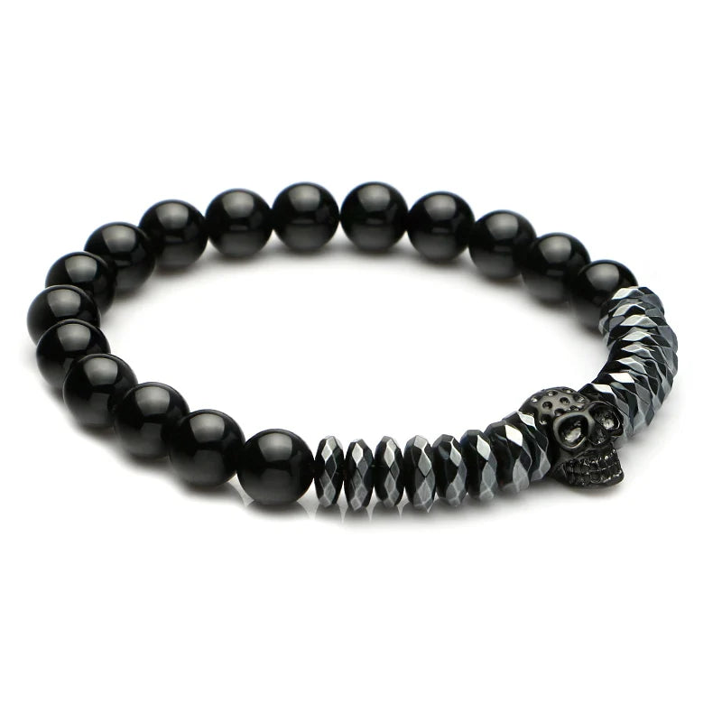 Hematite Stone Stainless Steel Skull & Crown Bracelet Set