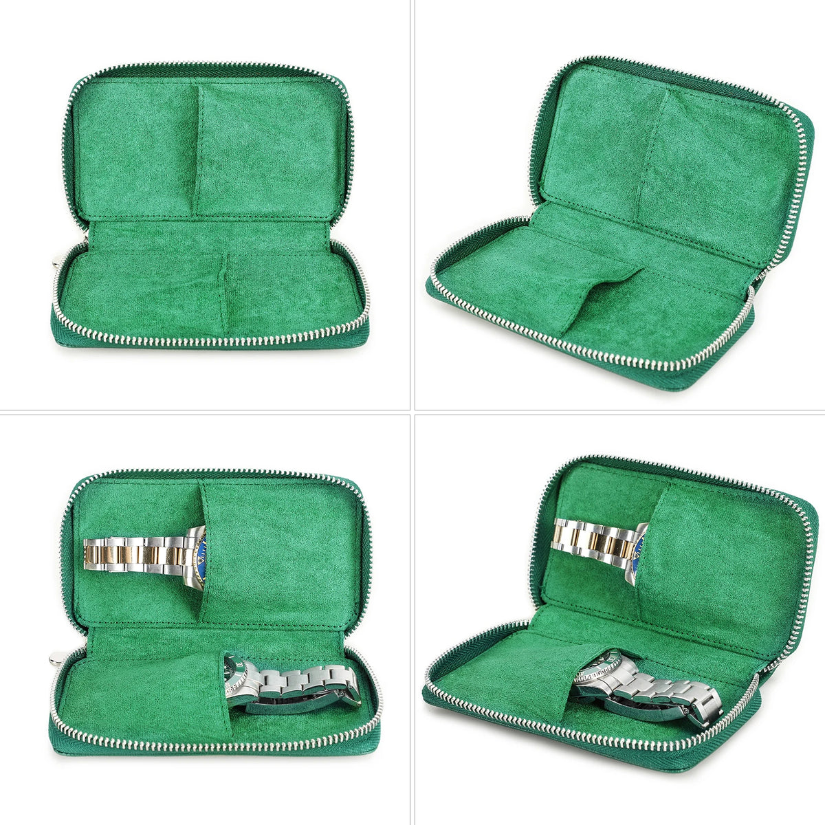 Green watch case with silver watch inside on a white background