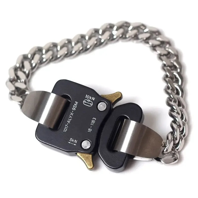 Metallic bracelet with a lock mechanism on a white background