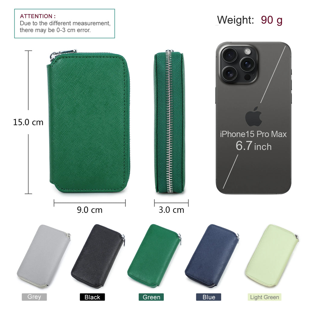 Green phone case with measurements and color options displayed