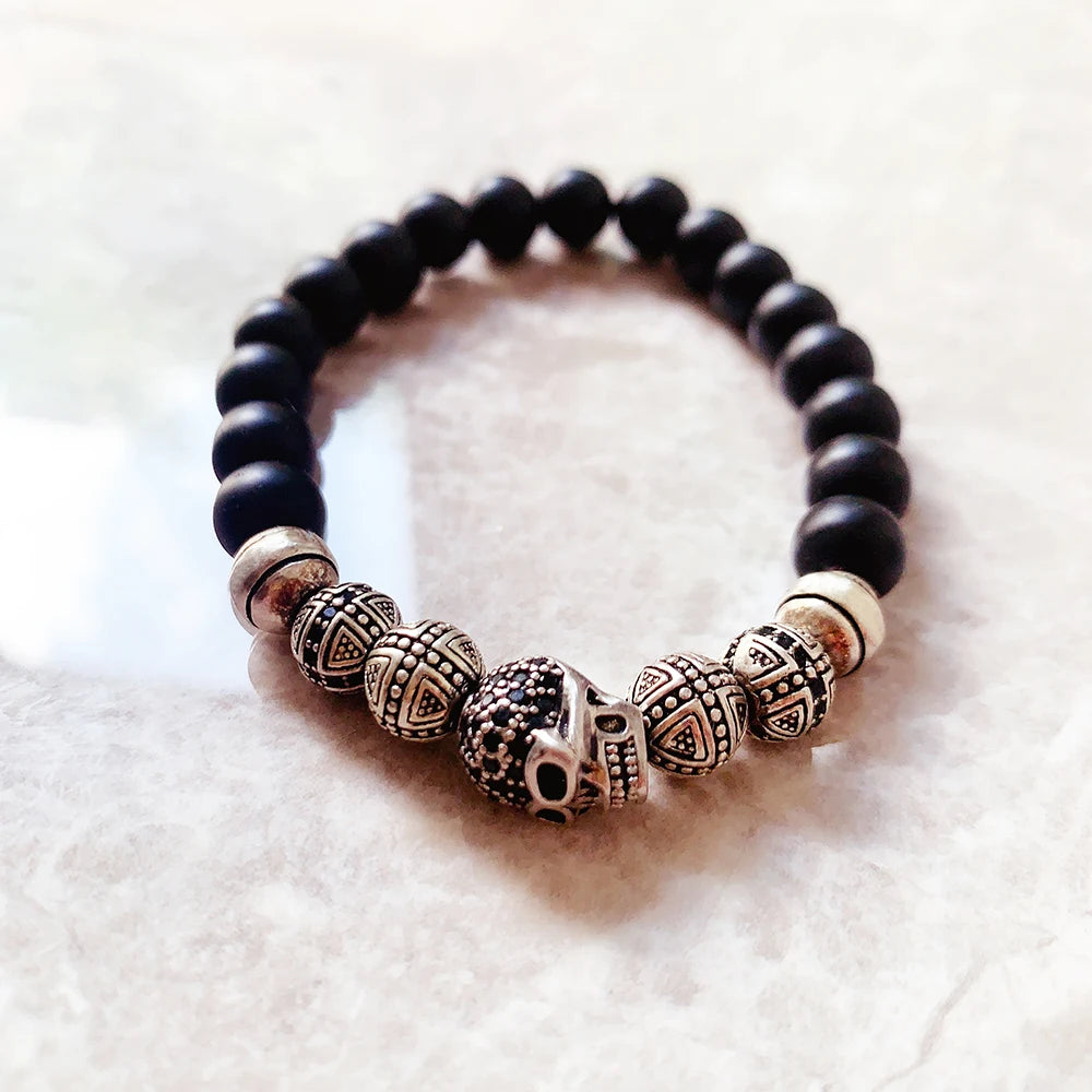 Skull Cross Beaded 925 Sterling Bracelet