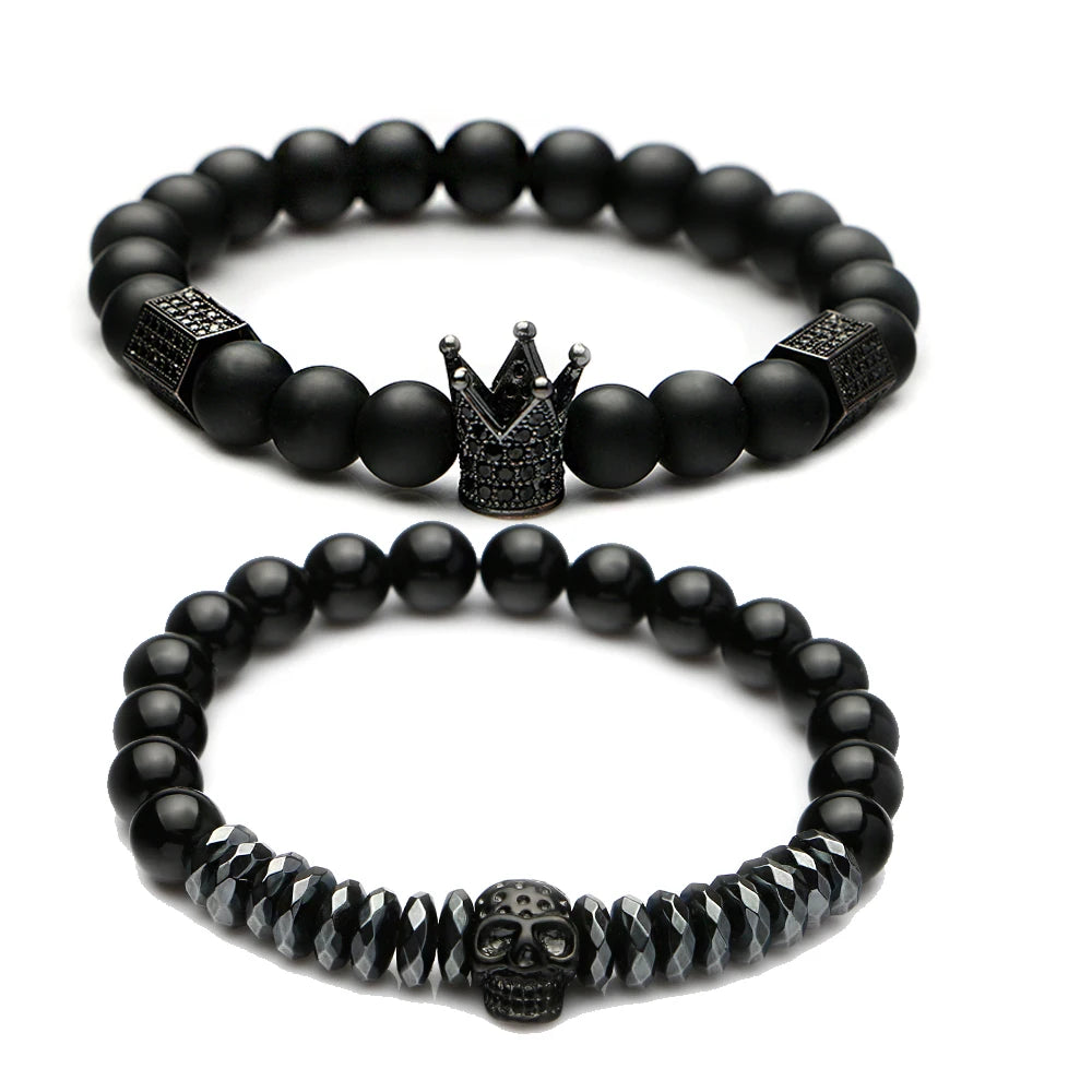 Hematite Stone Stainless Steel Skull & Crown Bracelet Set