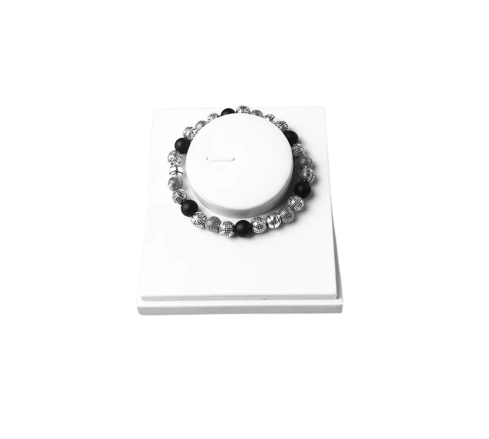 Natural Stone & Obsidian Bracelet Silver